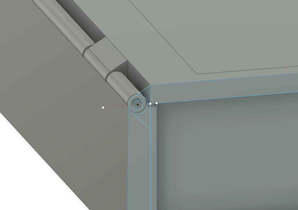 screenshot of a box design showing hinge detail in Fusion 360